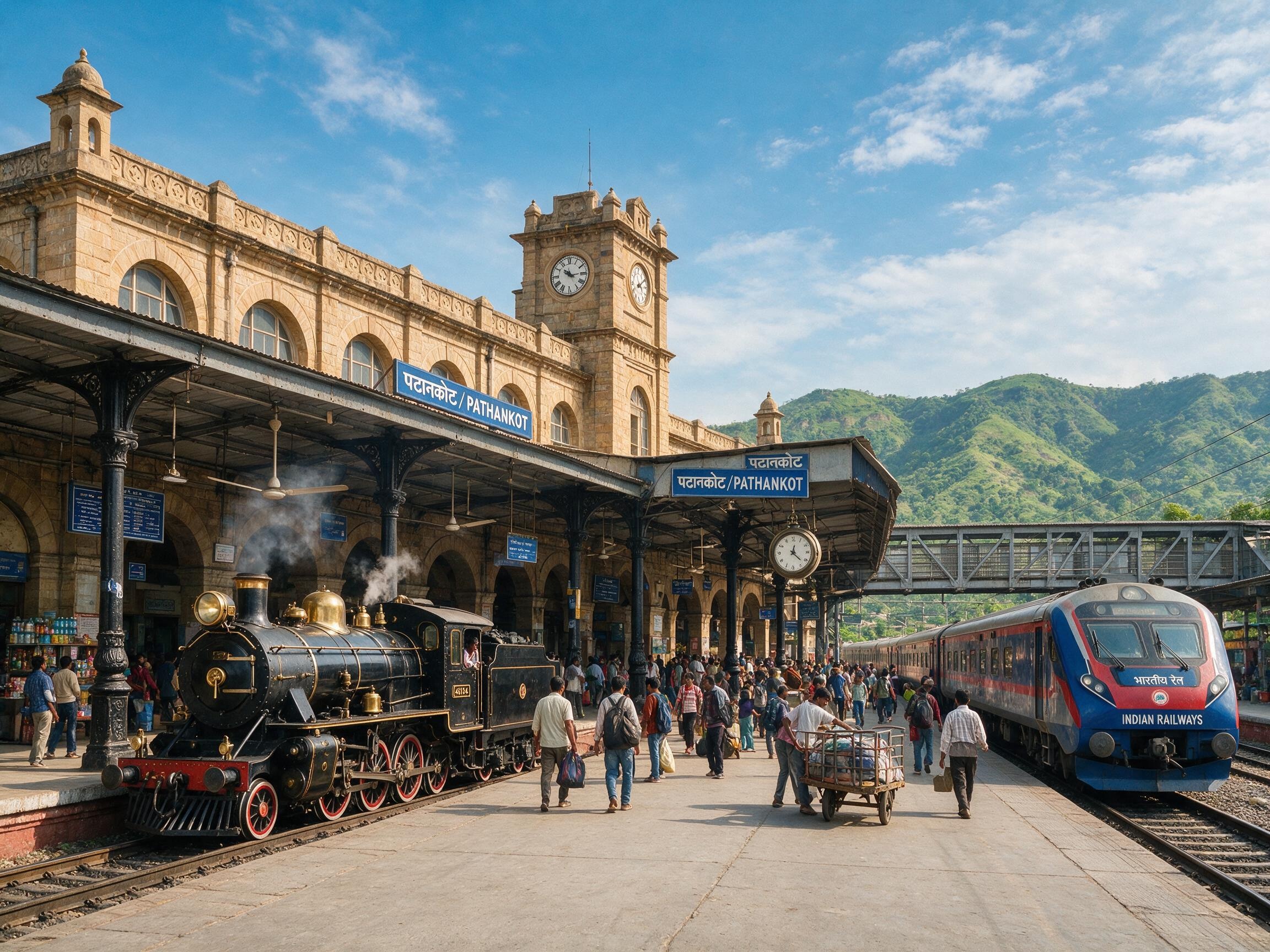 Pathankot railway station with trains